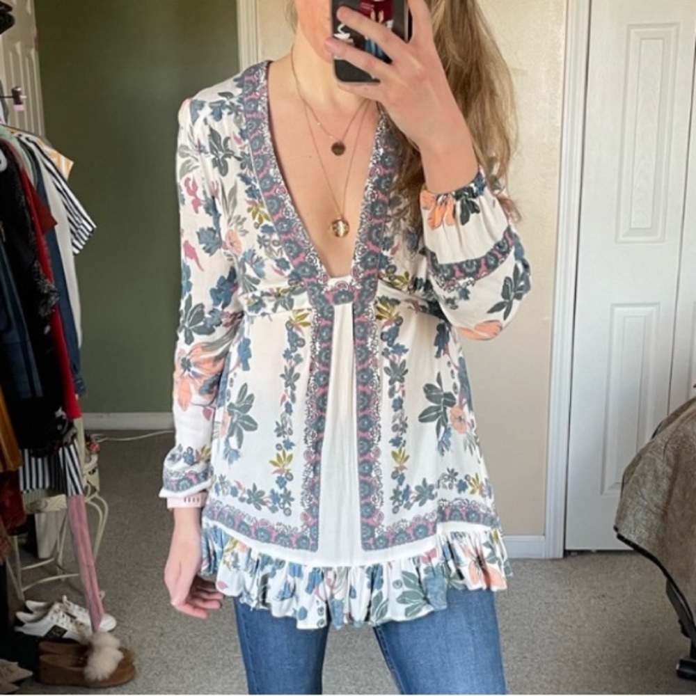 Free People Cream Floral Mini Dress or Blouse w/Ties - Picture 7 of 11